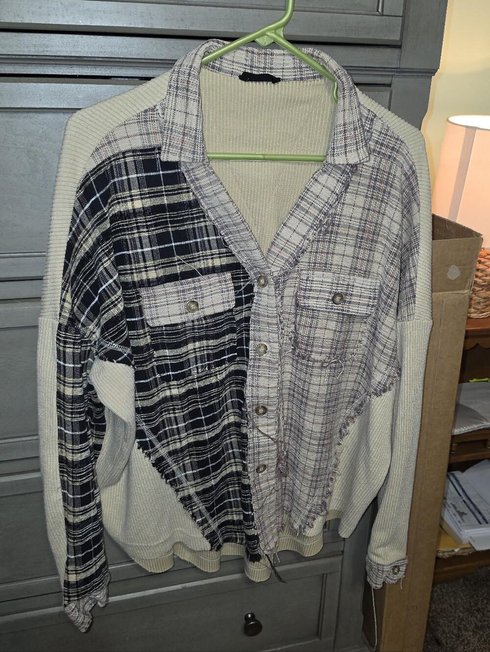 Miss Me Cream and Navy Plaid Mixed-Texture Shacket